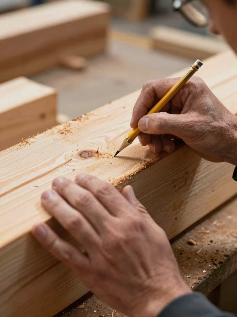 Hands marking a massive hemlock beam with a brass pencil under raking workshop light.