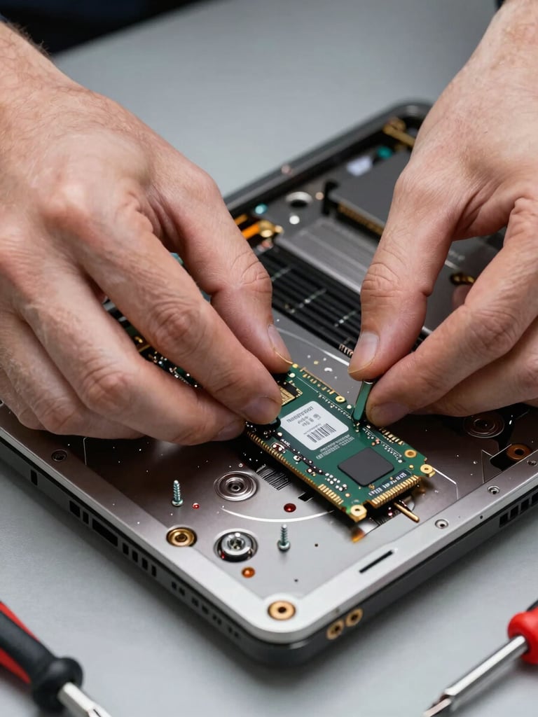 Extreme close-up overhead shot of a technician's hands installing an SSD into a laptop chassis on a neutral gray workbench, bright even studio lighting, screws and a screwdriver visible at the edge of frame