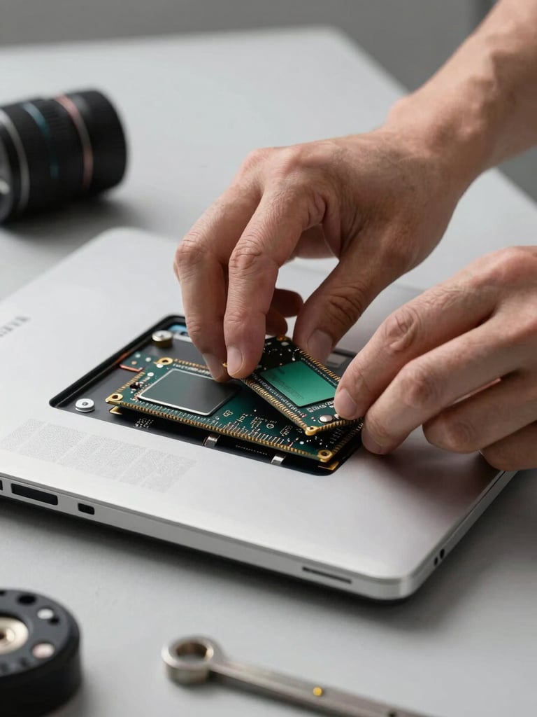Close-up of hands installing an SSD into a laptop on a workbench, bright even studio lighting, tools and components visible on a neutral gray surface, 45-degree catalog angle