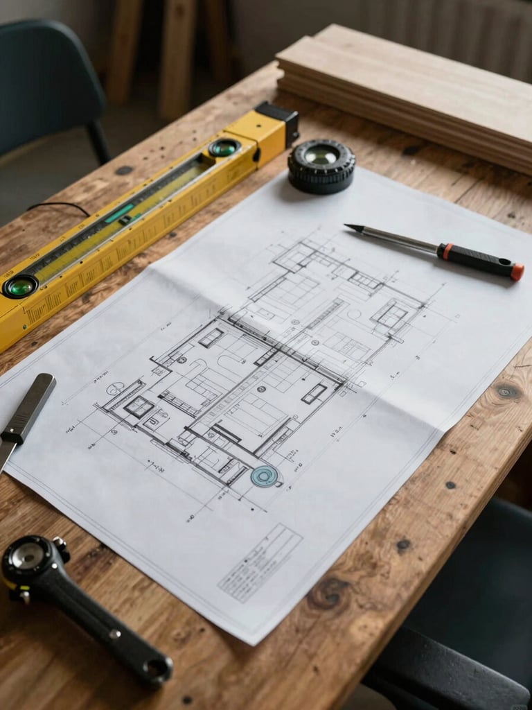 Vue de dessus d'un bureau de chantier, plans techniques détaillés et outils de mesure posés sur une table en bois, lumière du jour contrastée.