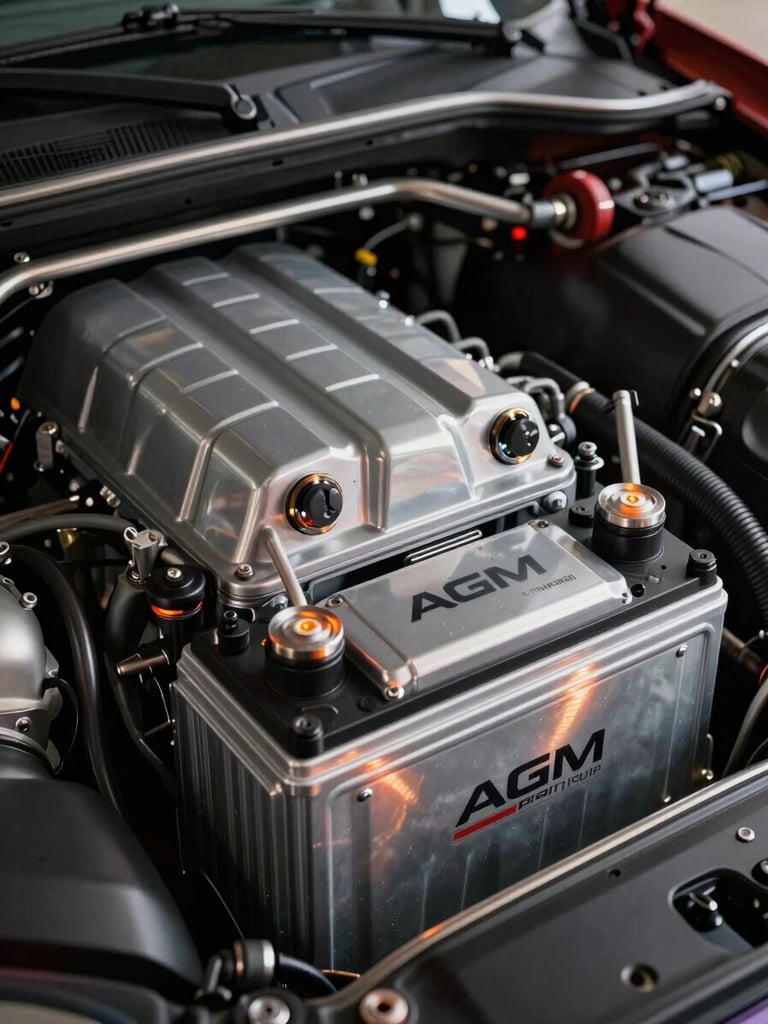 Macro shot of a pristine Porsche engine bay, showcasing a newly installed clean titanium-colored AGM battery with sharp metallic reflections and warm amber electrical highlights under high-contrast studio lighting.