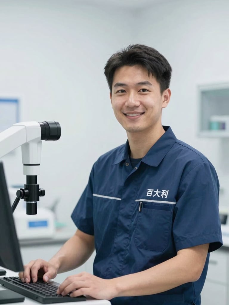 Eye-level portrait of a professional male technician in a clean branded uniform, smiling confidently, in a modern clinical office environment. Bright white studio lighting, sharp focus, cool blue and slate tones, 50mm lens.