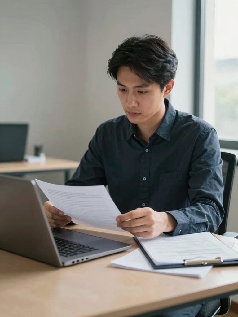 Medium shot of a professional at a tidy office desk reviewing paperwork and typing on a laptop, soft daylight from a window to the right, a folder of documents open beside the keyboard, documentary tone, no posed expressions