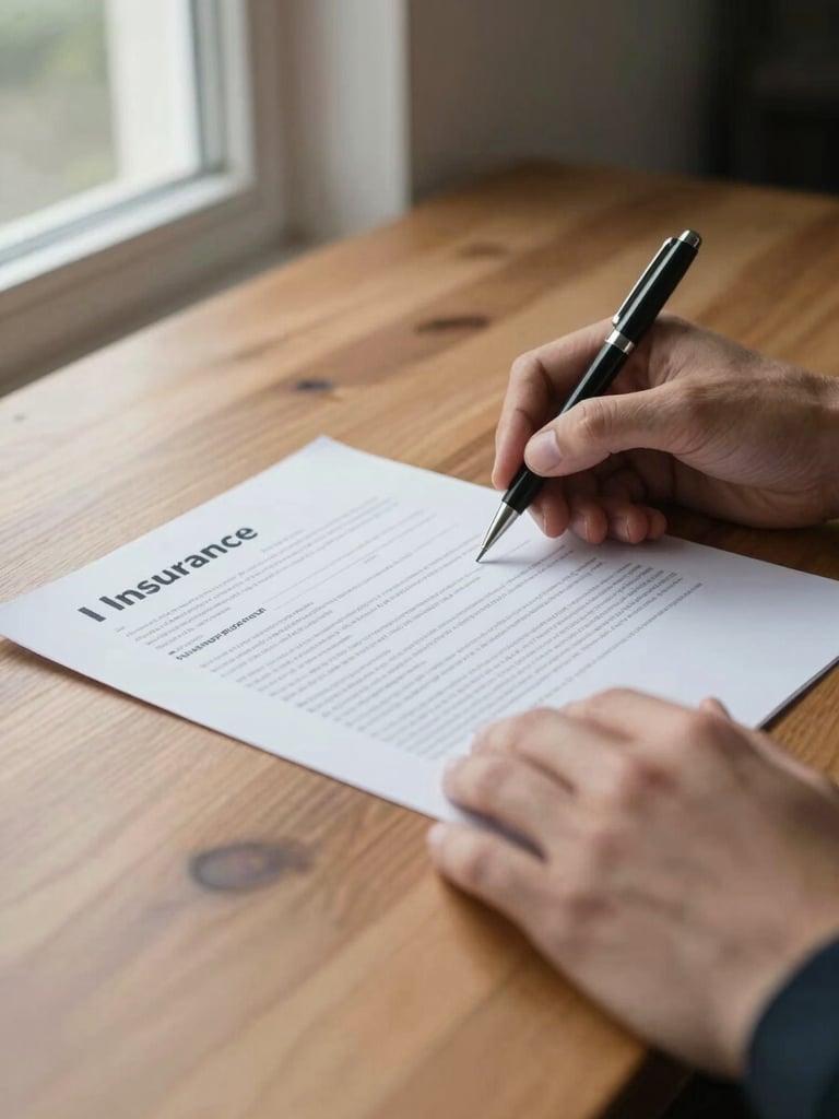 Close-up of hands reviewing an insurance policy document on a wooden desk, natural window light from the left, pen resting beside the paper, calm and considered atmosphere, no faces visible