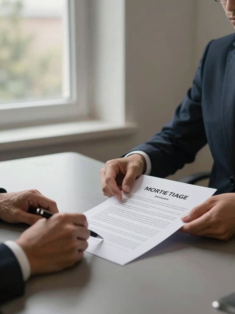 Medium shot of a professional's hands reviewing a mortgage document on a desk in a calm office meeting room, natural daylight from a window to the left, a pen resting beside the paper, architectural detail of a sash window frame visible in the background — no people posing, no faces, documentary framing