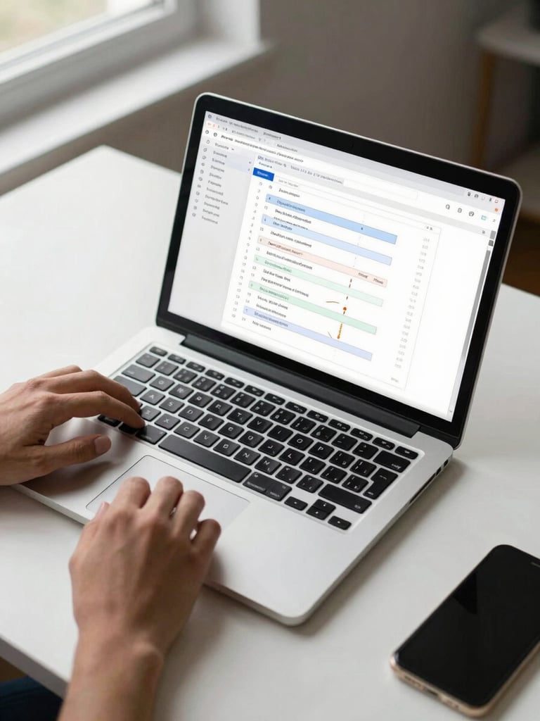 Overhead view of a desk with a laptop screen showing an automation workflow diagram and task assignment interface, soft natural light from a nearby window, hands resting near the keyboard, clean minimal workspace