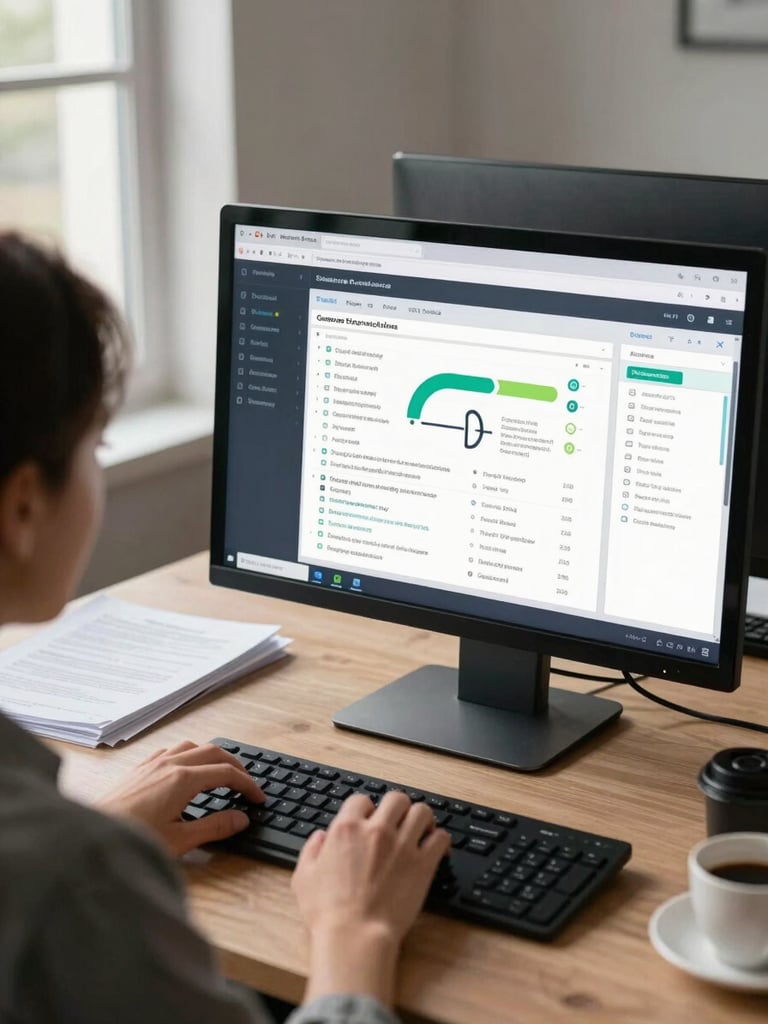 Over-the-shoulder view of a translator at a desk reviewing a project dashboard on a wide monitor, natural window light from the left, documents and a coffee cup at the edge of frame, warm grey office environment, focus on the screen and hands on keyboard