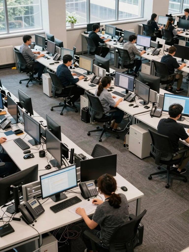 Overhead wide shot of a busy SMB office floor, multiple desks with phones and monitors active simultaneously, even daylight from large windows, organized cables visible under desks, operational workflow in motion