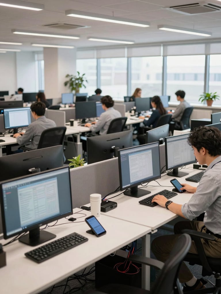 Wide panoramic view of a busy open-plan office, multiple desks with monitors and phones in active use, people mid-task in the background, neutral daylight from large north-facing windows, organized cable runs visible under desks, operational energy without staged poses