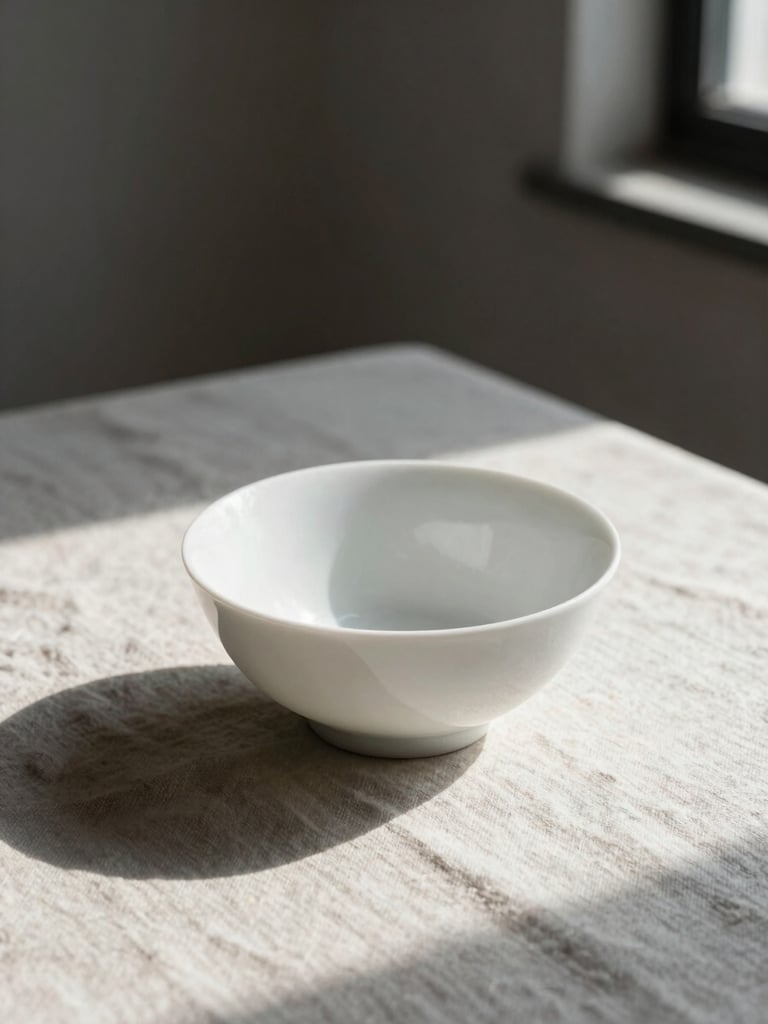 Single white ceramic bowl on a pale linen cloth, natural side-light from a window casting a long soft shadow, minimal and quiet composition with generous empty space around the bowl