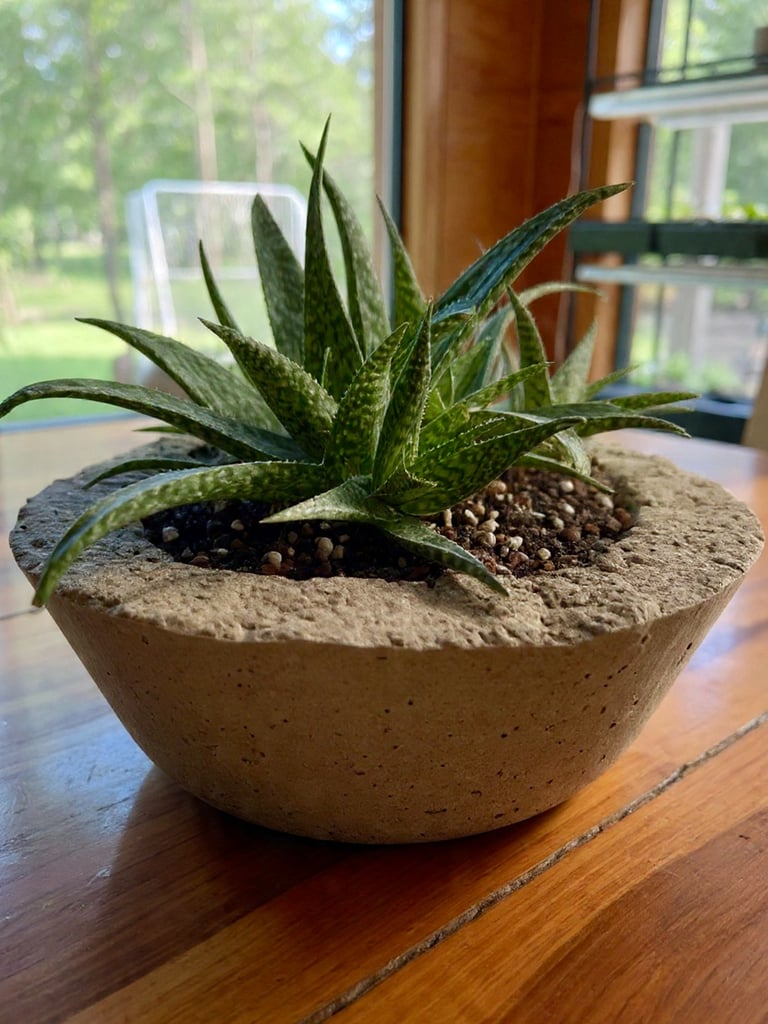 A vibrant green Haworthia succulent plant growing in a round concrete bowl on a wooden table.