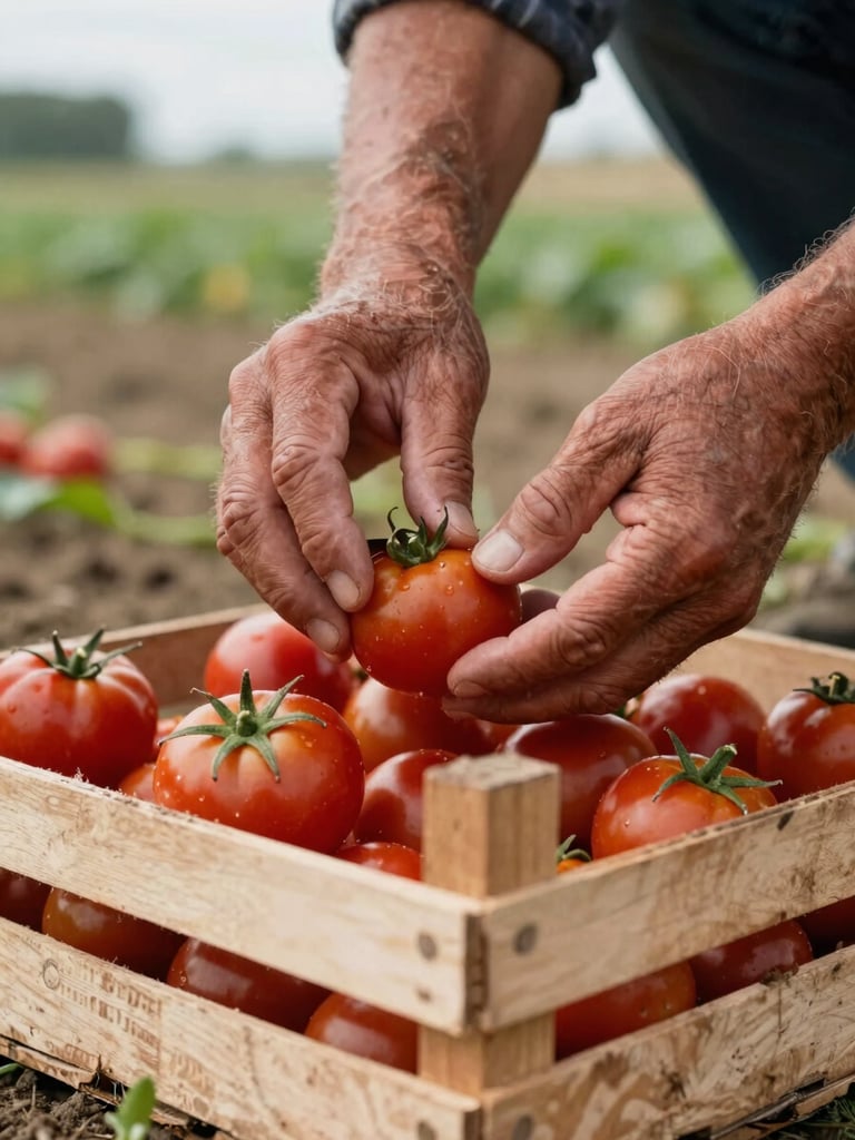 Extreme close-up of a farmer's weathered hands sorting small tomatoes into a wooden crate at the edge of a field, soft overcast morning light, soil and vine leaves visible at the frame's periphery