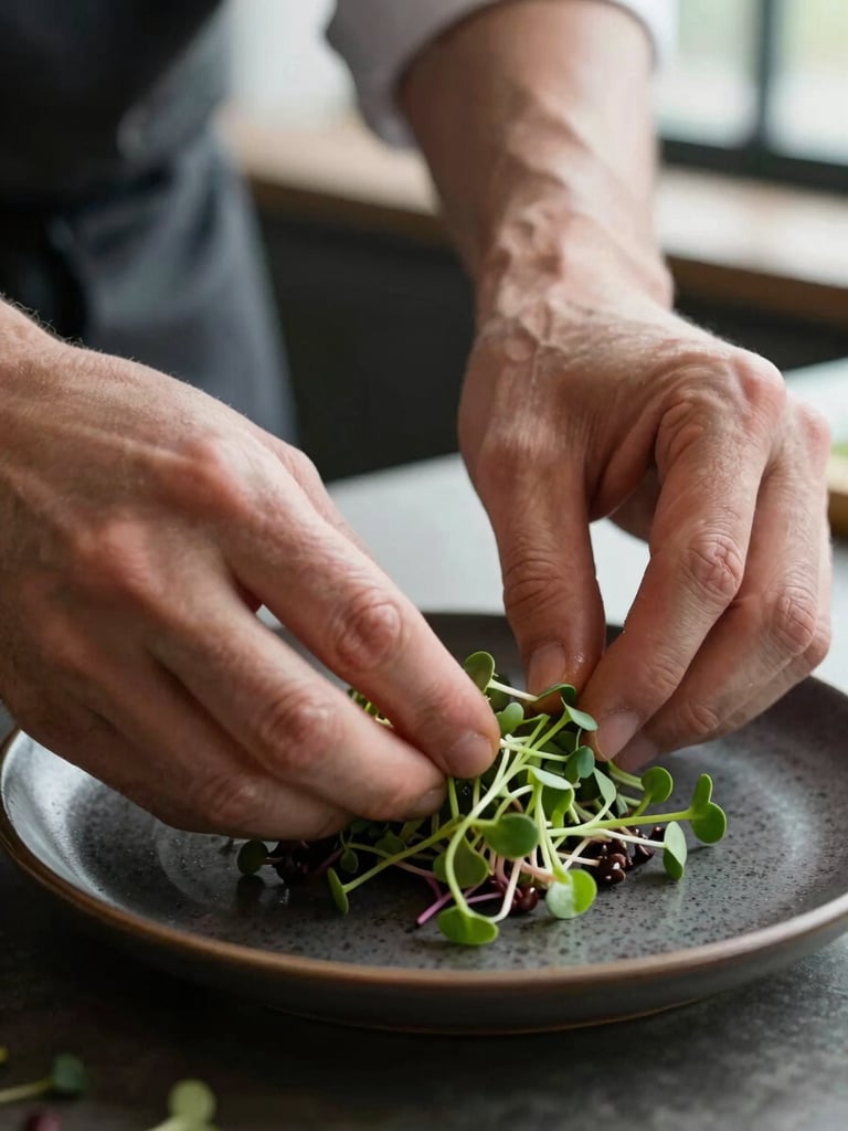 Extreme close-up of a chef's hands arranging microgreens on a dark ceramic plate under soft window light, fingertips precise, shallow depth of field with the table surface blurring behind