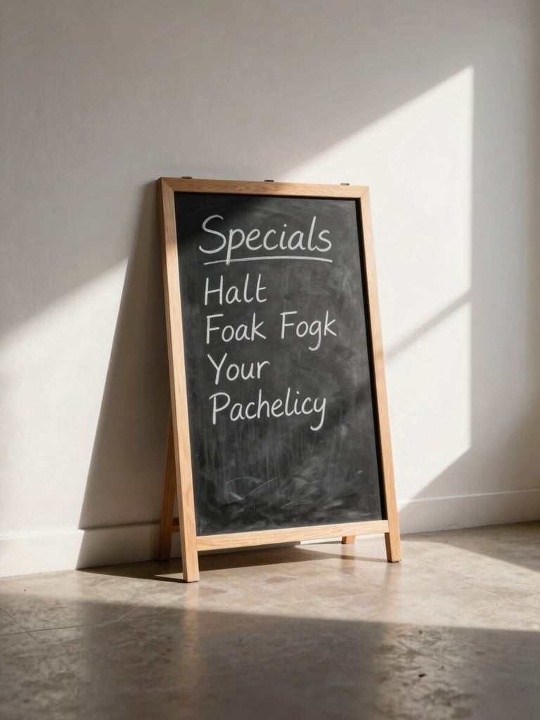 Wide shot of a handwritten specials chalkboard leaning against a whitewashed wall in a quiet restaurant, morning light from an unseen window casting a long soft shadow across the floor, no people present, warm and still