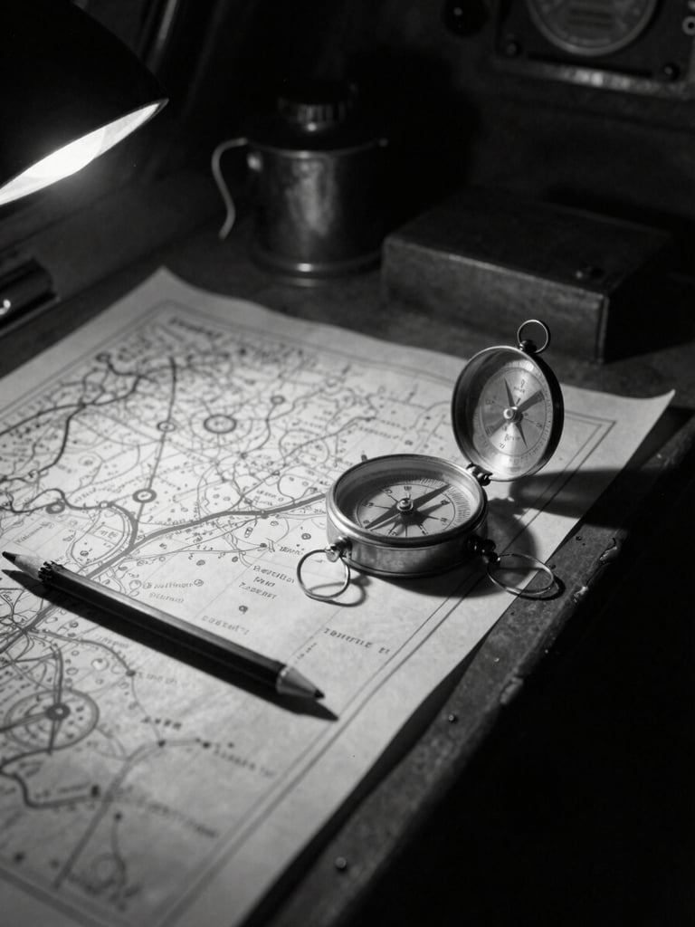 Archival close-up of a WWII navigator's desk inside a Lancaster bomber, showing maps, a mechanical pencil, and a brass compass under a dim spotlight, high contrast monochrome
