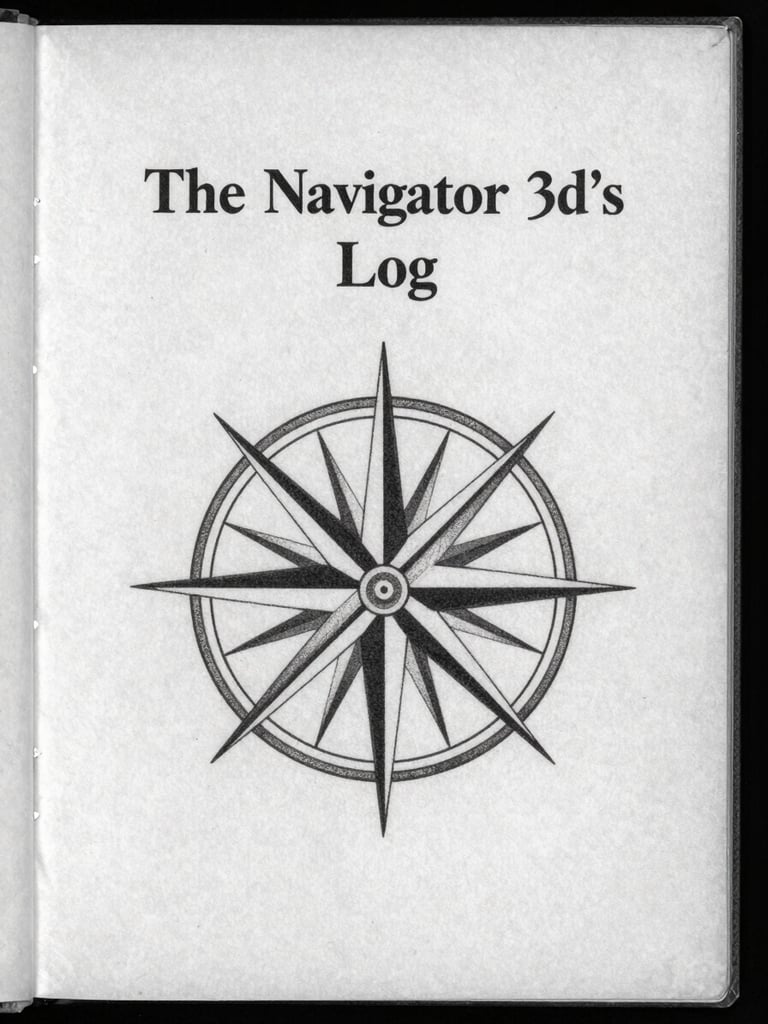 Archival book cover mock-up of 'The Navigator's Log', showing a vintage compass rose on aged parchment, monochrome tones.