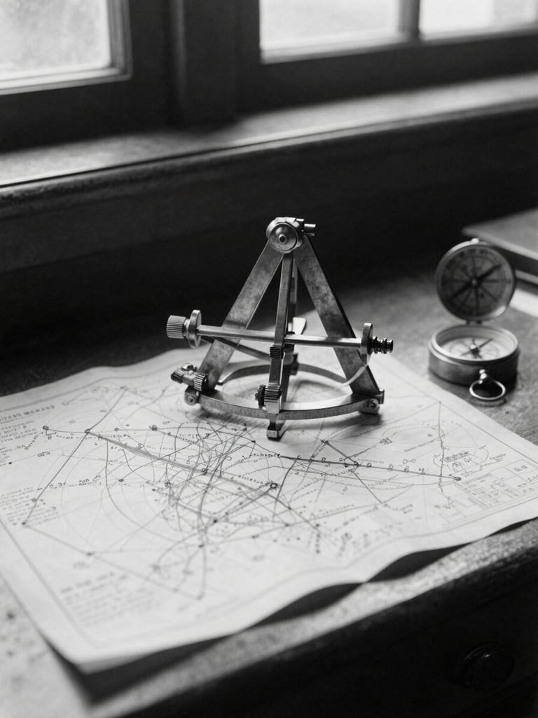Archival monochrome photograph of a 1940s RAF navigator desk, a brass sextant, hand-drawn flight charts, and a vintage compass under soft dramatic window light.