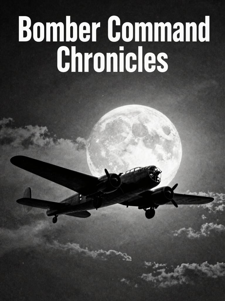 Archival book cover mock-up of 'Bomber Command Chronicles', showing a silhouette of a Lancaster bomber flying against a moonlit sky.