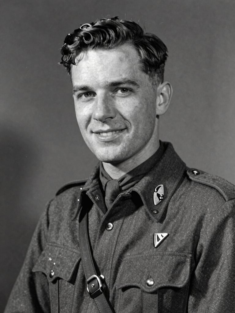 Archival portrait of a young WWII RAF navigator in uniform, Arthur William Dack, smiling gently, vintage monochrome film grain, soft historical lighting.