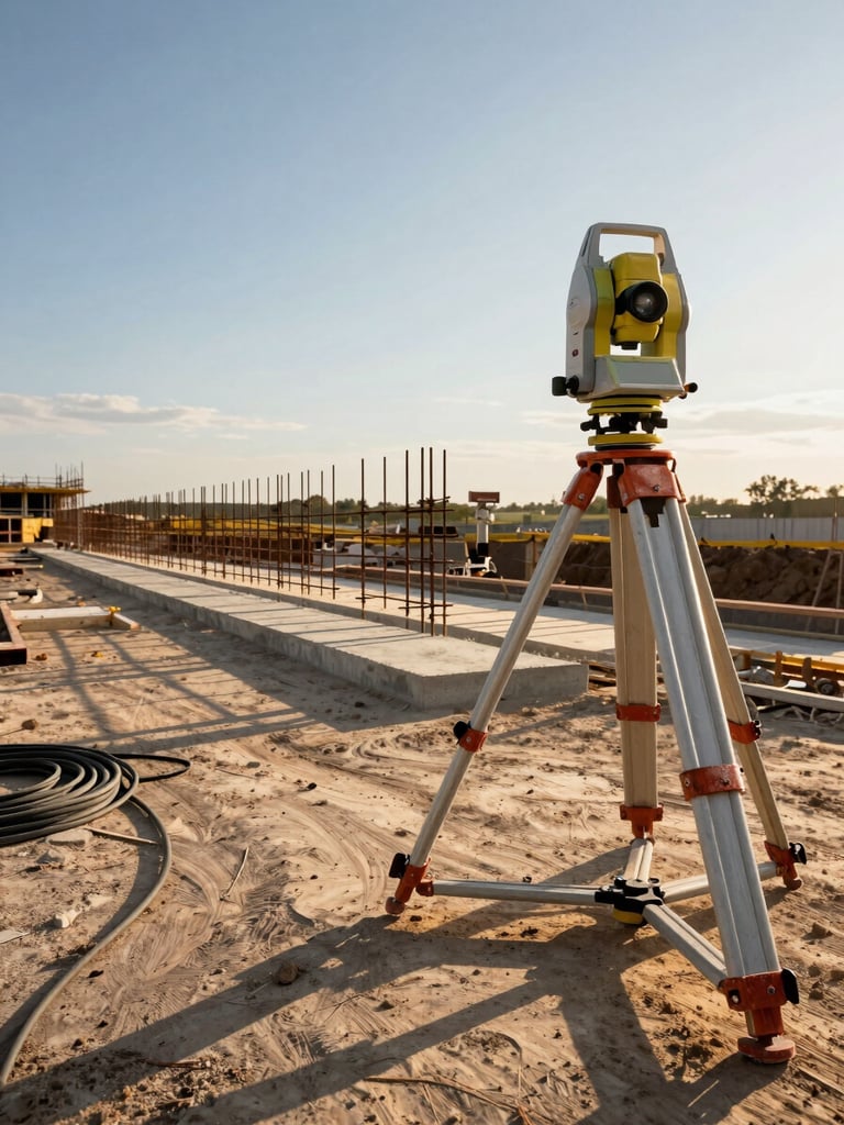 Wide panoramic construction site at golden hour, a robotized total station on tripod positioned to the right third of the frame, raw concrete formwork extending left, long shadows across compacted earth, equipment cables visible in foreground