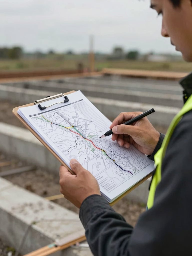 Close environmental frame of a field surveyor reviewing printed topographic data sheets on a clipboard outdoors, raw concrete foundation in the background, overcast natural light, hands and posture showing focused technical concentration, no eye contact with camera