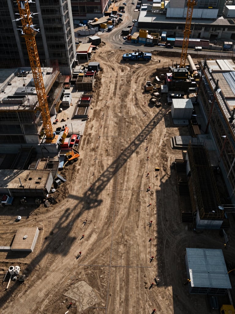 Wide panoramic view from above a major urban construction site, survey drone visible in the upper left corner, grid of survey markers and reference flags across raw compacted earth, long shadows of cranes and equipment in late afternoon light — rich texture of disturbed soil and concrete formwork