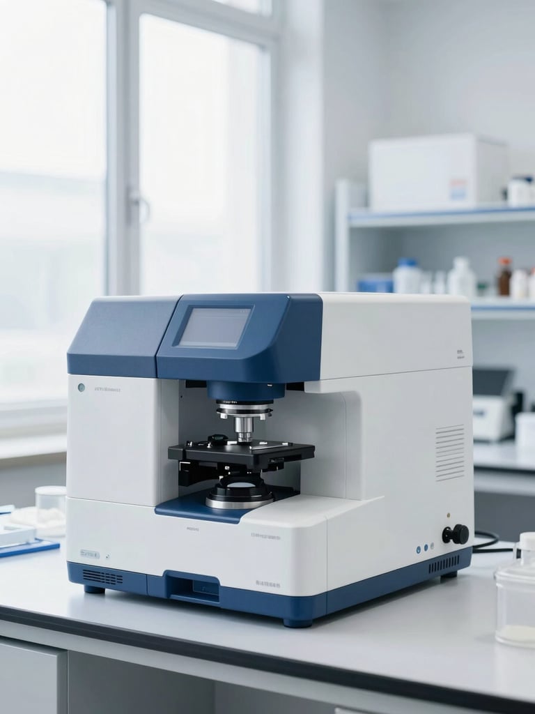 Pristine laboratory environment with high-precision analyzer, bright daylight passing through clean windows, sterile white and deep blue tones, sharp focus, 50mm