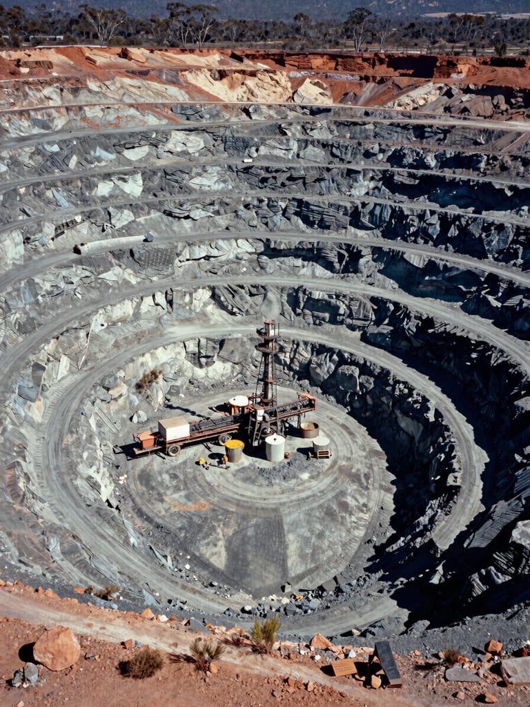 Wide environmental aerial shot of an active open-cut gold mine in Western Australia, harsh natural daylight, deep shadows, desaturated metallic tones, 35mm