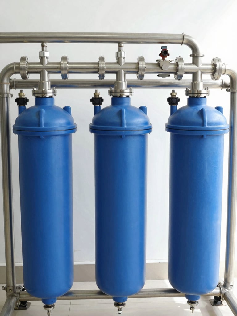 A modern commercial water purification manifold with three large blue filtration canisters and stainless steel piping, bright indoor lighting