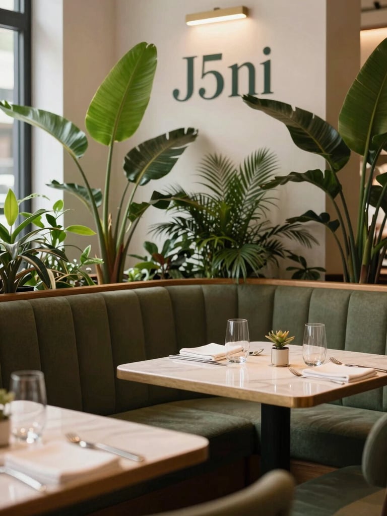Warm, inviting corner of a restaurant dining room, soft ambient indoor light, comfortable seating, botanical accents, clean serif typography elements in the background.