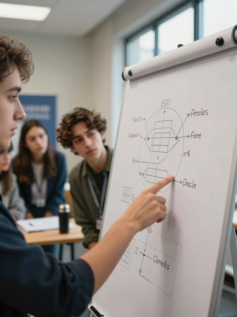 Close-up of a facilitator's hands pointing to a hand-drawn diagram on a flipchart, a small group of young adults leaning in to look, natural window light from the right, community center context visible in the soft background — chairs, a folded banner, a thermos on a table