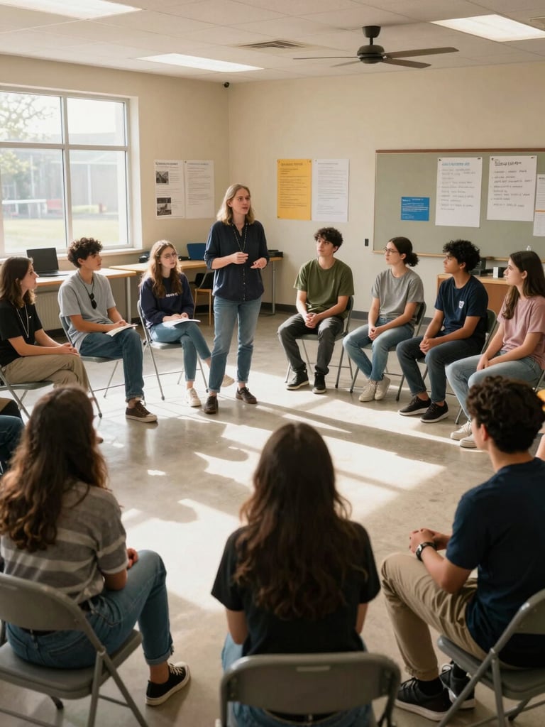 Wide environmental shot inside a community center, a facilitator standing at the front guiding a circle of parents and teenagers mid-discussion, warm afternoon window light streaming in from the left, folding chairs and handwritten posters visible in background, candid and unposed