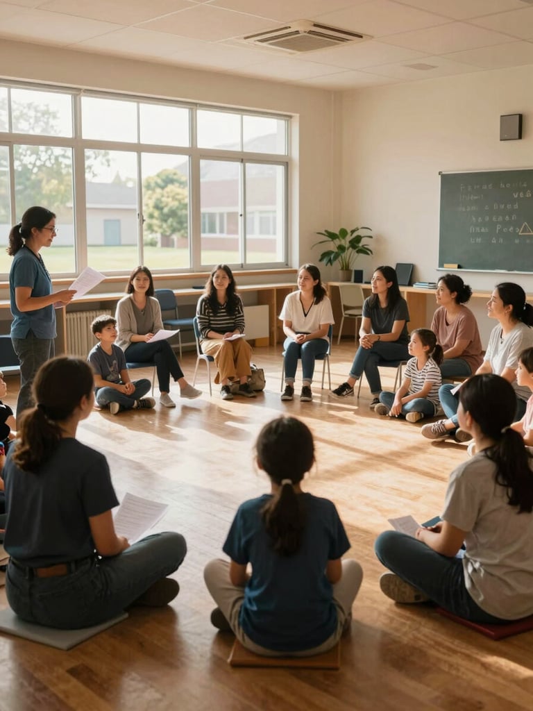 Wide environmental shot inside a community center, a group of mothers and children seated in a circle during a family workshop, natural window light falling across the room, facilitator standing to the left holding printed materials, warm afternoon glow, candid mid-activity moment
