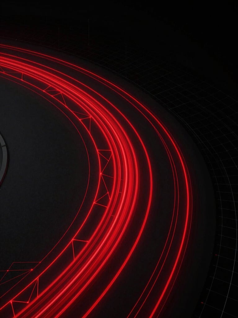 Wide isometric UI dashboard composition on a near-black surface, glowing red speed-line traces arcing across the frame from left to right, abstract road geometry rendered as thin neon vectors, digital grid overlay fading toward the right edge — no people, no text, pure graphic design automotive aesthetic
