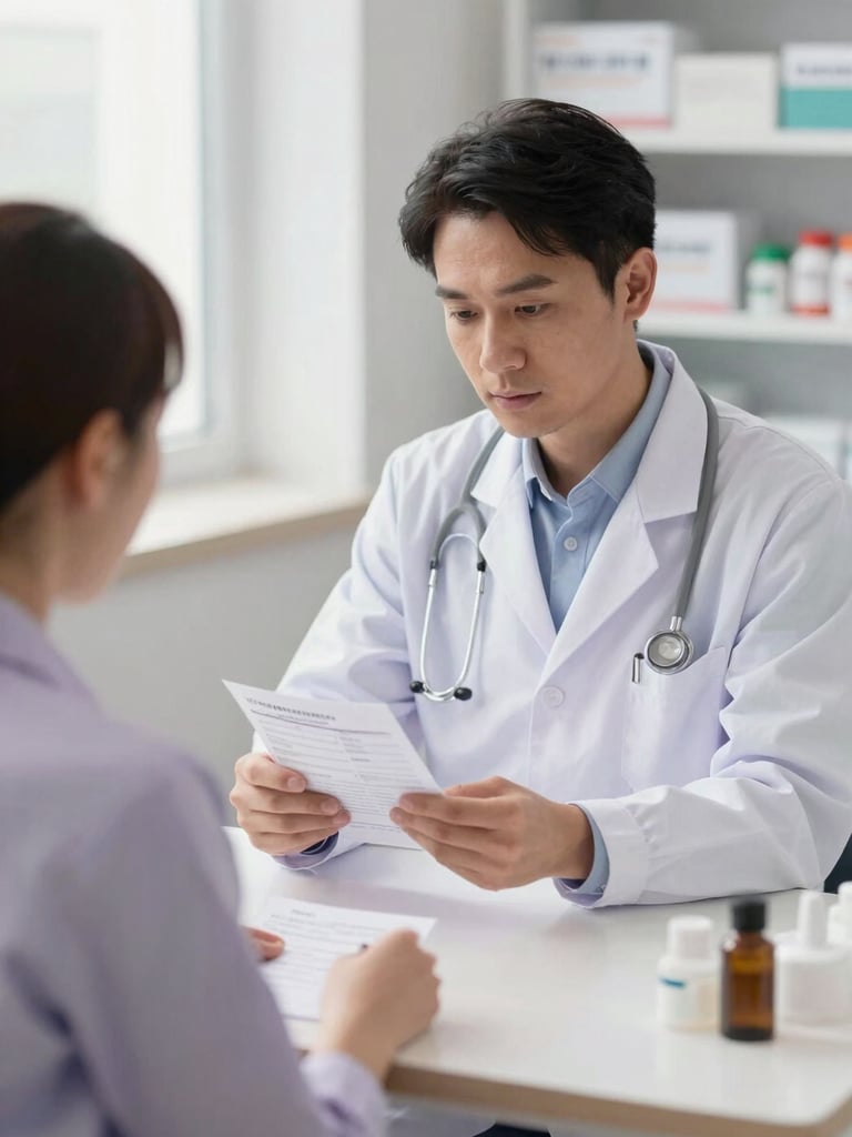 Warm editorial healthcare photography of a clinical consultation room, a doctor and pharmacist reviewing a medical prescription together, soft daylight, gentle lilac tones, 35mm lens.