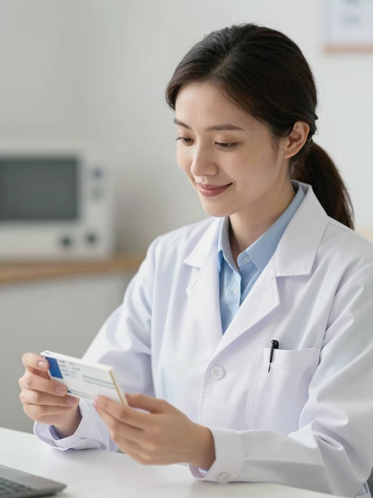 A professional pharmacist in a clean white coat discussing a prescription with a warm, caring expression, soft clinical background in Cuenca