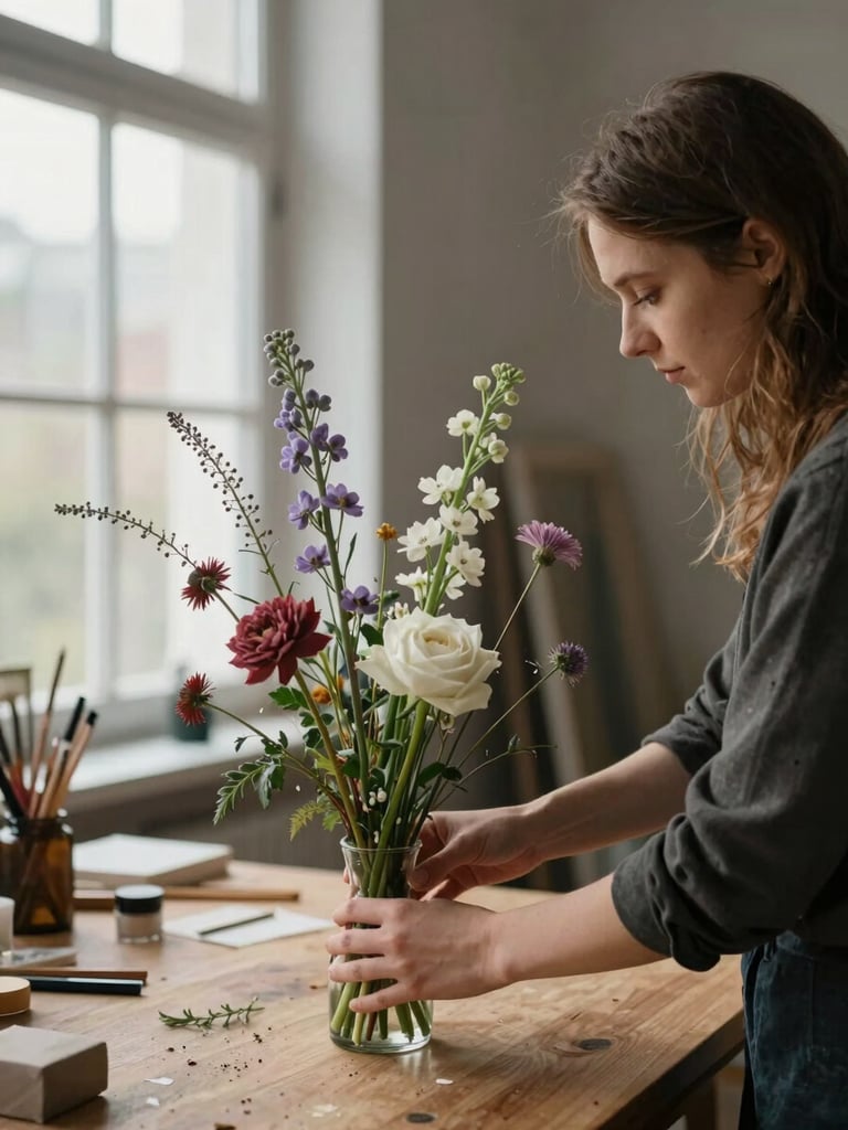 Portrait framing of Ewelina arranging tall floral stems into a centrepiece vase on a wooden studio table, soft overcast window light from the left, hands and flowers sharp, background softly out of focus, intimate atelier atmosphere