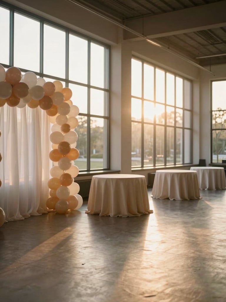 Wide portrait view from the left edge: a festively decorated event hall photographed empty before guests arrive, soft golden-hour side-light streaming through tall windows, balloon arch in blush and ivory tones anchored to the left wall, linen-draped tables in the mid-ground, floor level framing, warm atmospheric haze