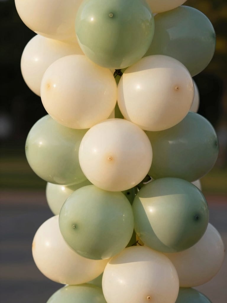Close-up detail of a balloon arch knot: ivory and sage green balloons tied in organic cluster, golden-hour side-light catching the latex surface, blurred warm background
