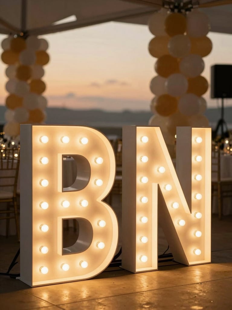 Close-up of a large LED letter sign glowing warm amber in a dim decorated event hall, balloon column visible out of focus in the background, golden-hour atmospheric haze, no people