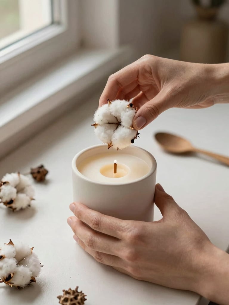 Close overhead view of Ewelina's hands trimming a cotton wick on a pale soy candle in a matte ceramic vessel, studio workbench with scattered dried botanicals, warm side-light from a nearby window, no eye contact