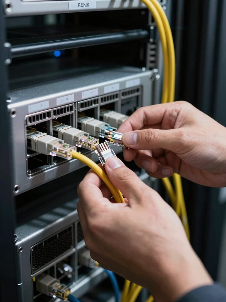 Close-up of a technician's hands routing ethernet cables through a server rack in a dimly lit server room, natural office fluorescent light casting sharp shadows, cable management clips visible, equipment labels in soft focus behind