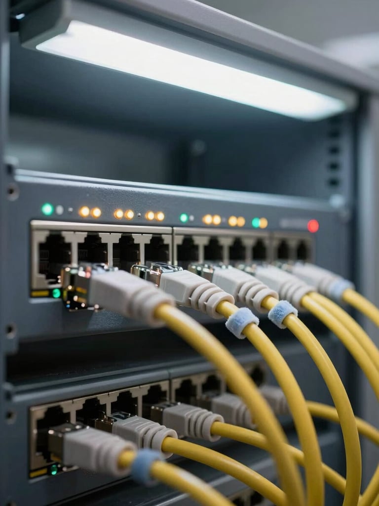 Detail shot of network switch ports with indicator lights active, ethernet cables neatly managed with velcro ties, cool fluorescent office light, slight depth of field showing rack equipment behind