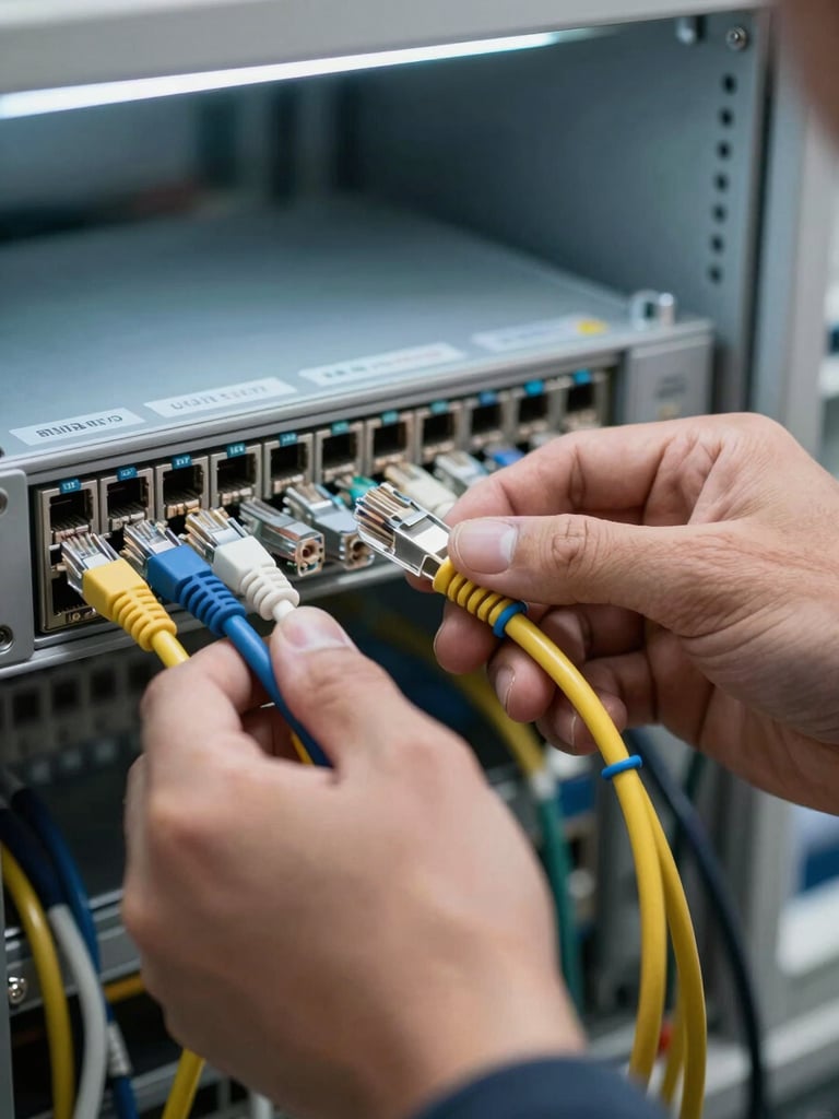 Close-up of a technician's hands routing ethernet cables into a patch panel under cool office fluorescent light, cable ties visible, equipment labels in soft focus behind