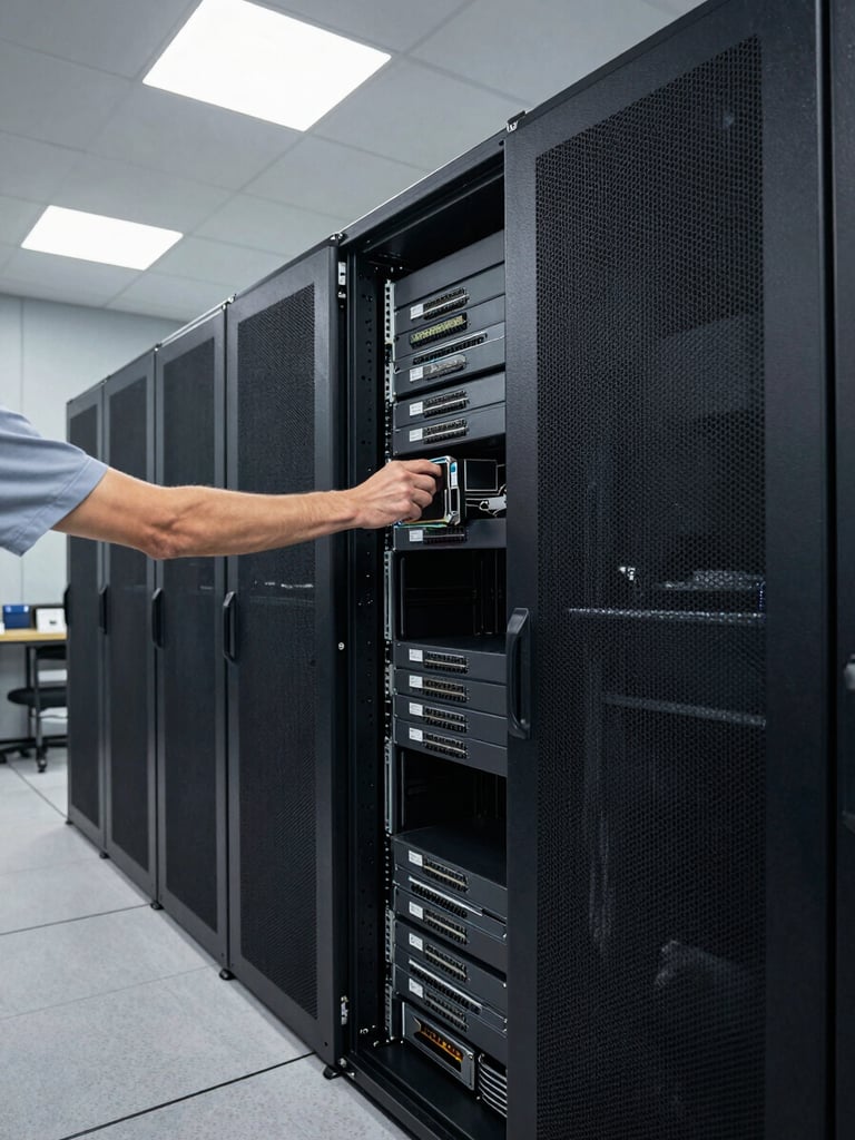Wide shot of a server rack room in a mid-size office, overhead fluorescent lighting, a technician's forearm visible reaching into the rack to seat a drive, equipment labels visible on patch panels, utilitarian and unposed