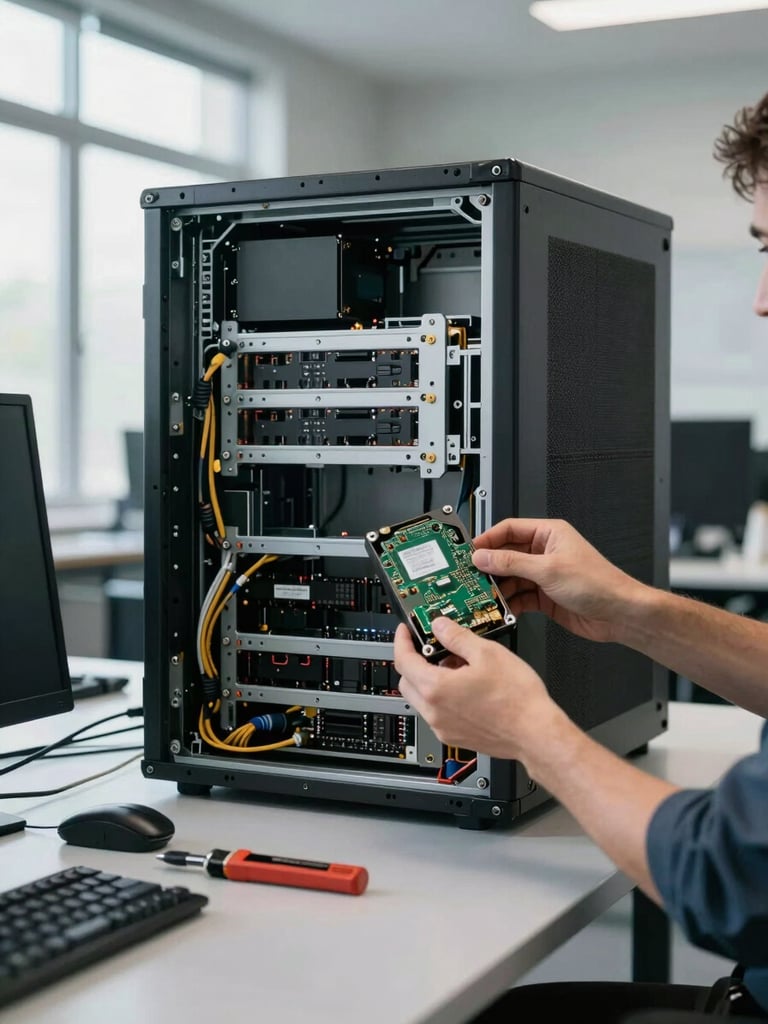 Wide shot of an open server chassis on a workbench in a real office environment, natural window light from the left, a technician's hands holding a drive module mid-installation, tools laid out in the foreground