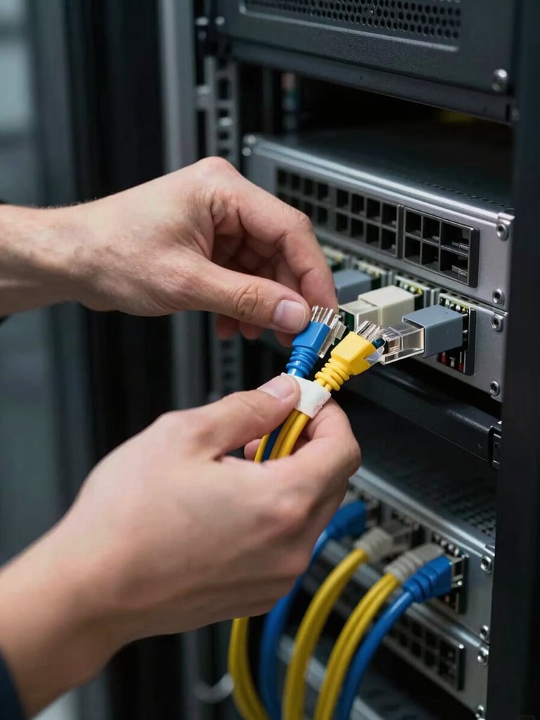 Close-up of a technician's hands routing ethernet cables through a server rack in a dimly lit office server room, natural fluorescent light, patch panel visible, cables bundled with velcro ties mid-task