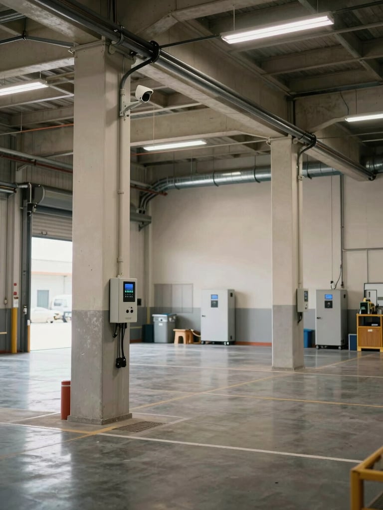 Wide shot of a warehouse floor interior showing mounted cameras at structural columns, cable conduit running overhead, access control panel at a loading bay door, natural high-bay lighting, no people, equipment in operational state