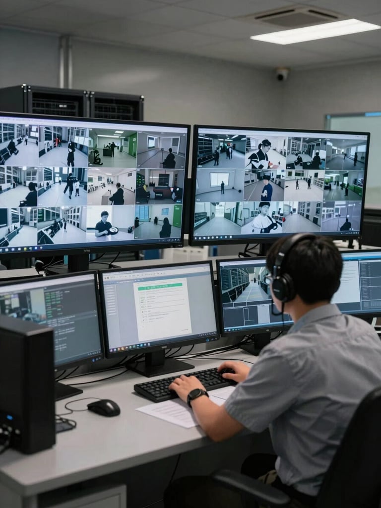 Wide shot of a security control room in an industrial facility, two monitors displaying multi-camera grid feeds, a technician seated at the desk reviewing footage, task lighting on the console, server rack visible in the background, no dramatic lighting