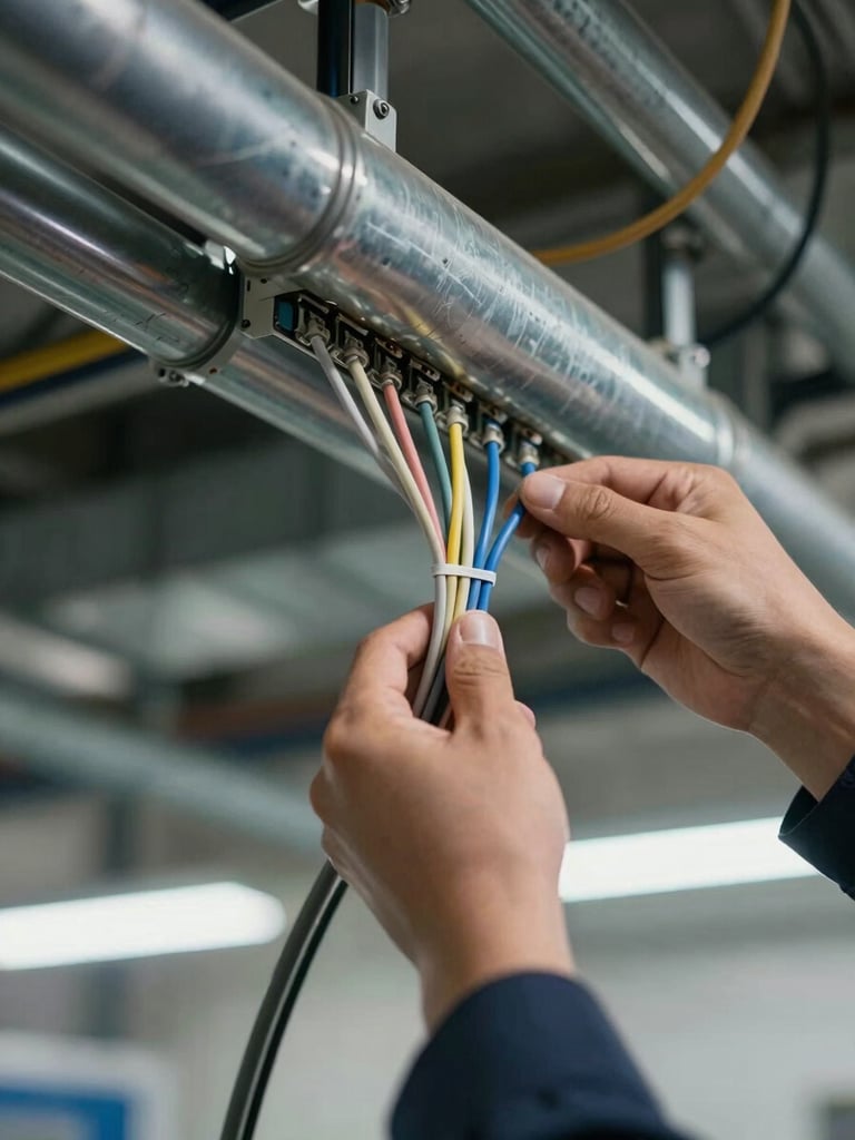 Close-up of a technician's hands routing structured network cables through a metal conduit in a factory ceiling duct, natural industrial overhead lighting, cable ties neatly applied, depth of field showing more conduit runs behind